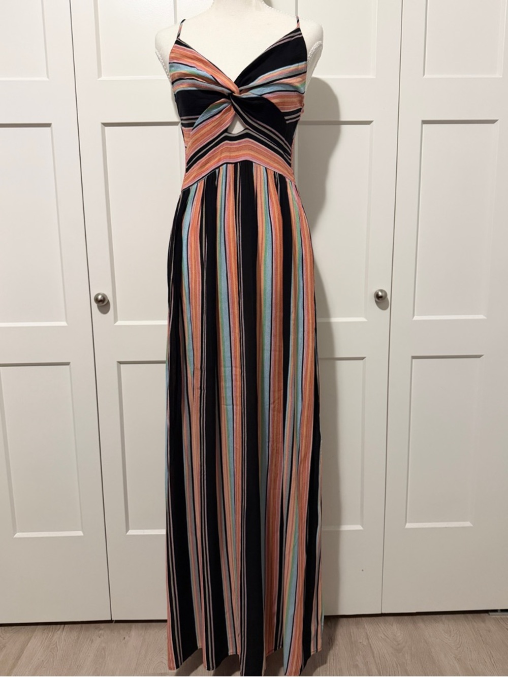 Colorful Striped Spaghetti Strap Maxi Dress Cutout Knot Front Smocked Back
